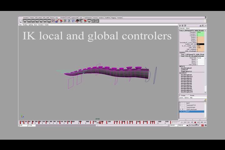 Rigging Sample of Tentacle. Rig uses IK, FK, and spline curves to control tentacle movement. GUI interface controls deformers on suckers.